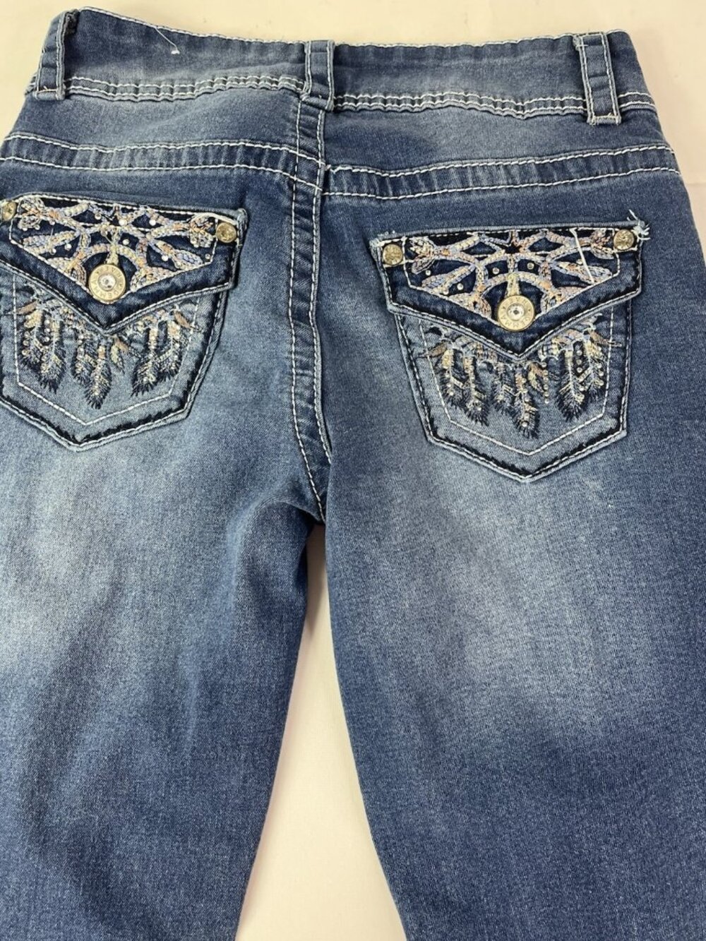 Gemma Rae Flare Blue Jeans Womens 5/27 Distressed Bling Pockets Bell Bottoms